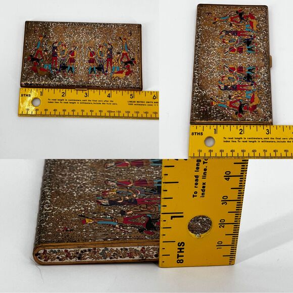 Vintage Volupte Gold Tone Enameled Hunting Scene Cigarette Case, Made in USA - Picture 10 of 10